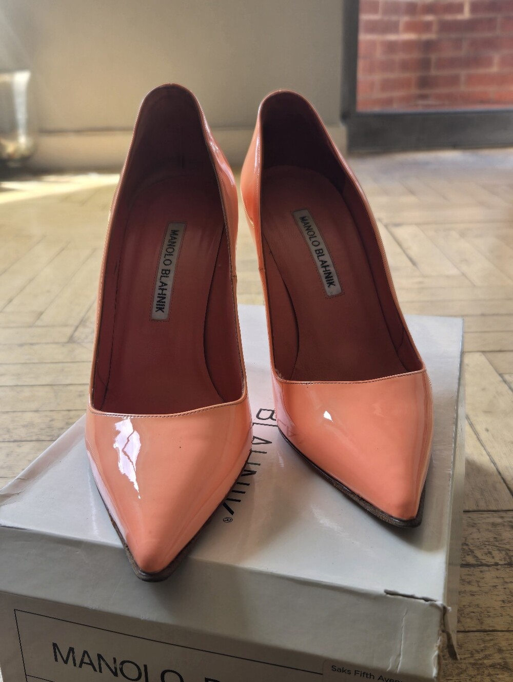 Manolo Blahnik BB Patent Peach Pink Pointed-Toe Pumps 37.5